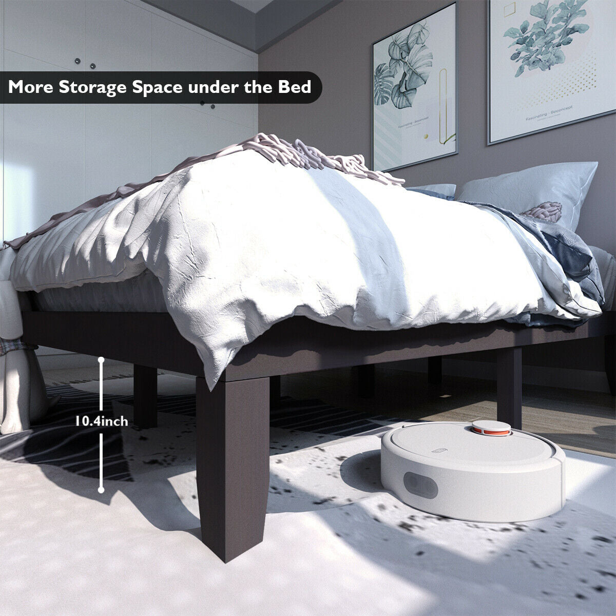 Queen Size 14 Inch Wooden Bed Frame, Mattress, Brown