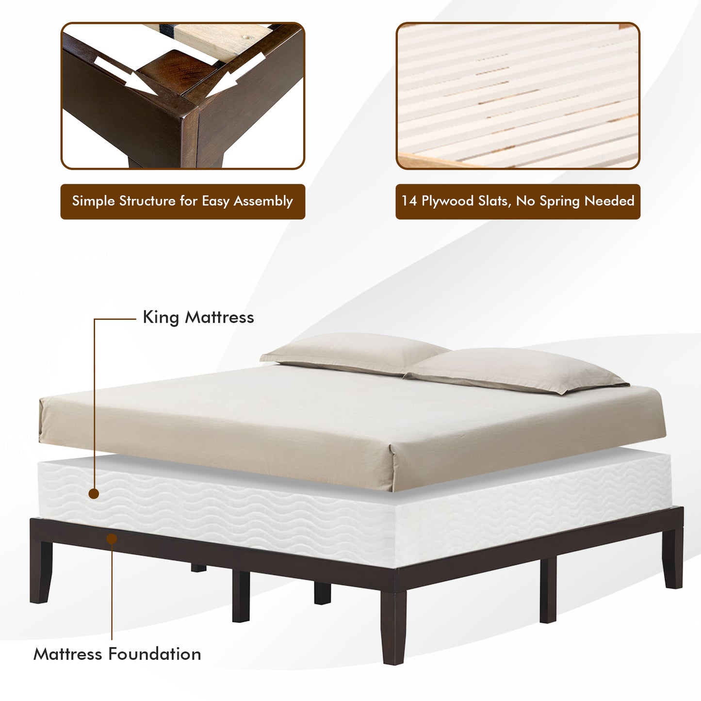 14 Inch King Size Wood Platform Bed Frame, Brown