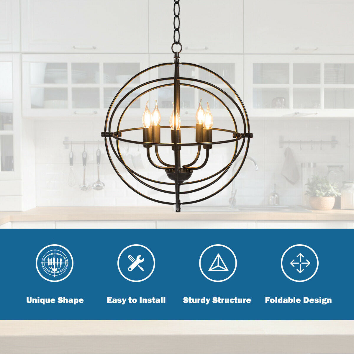 20 Inch 5 Lights Metal Chandelier, Pivoting Interlocking Rings, Black Ceiling Lights at Gallery Canada