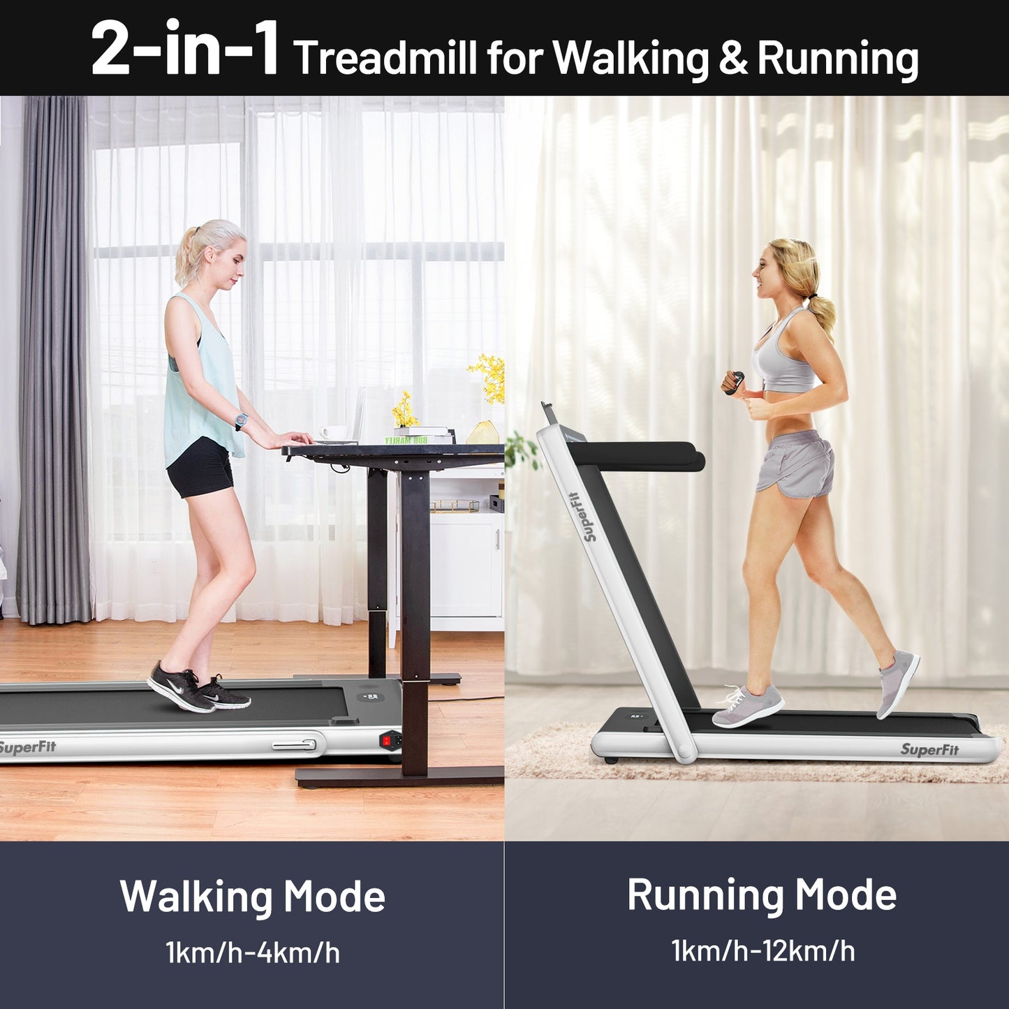 2-in-1 Electric Folding Treadmill, Dual Display Speaker, White