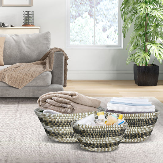 Natural Canes Grass Baskets, Stackable Storage Bins, Set Of 3, Hollowed Handles Laundry Baskets Options at Gallery Canada