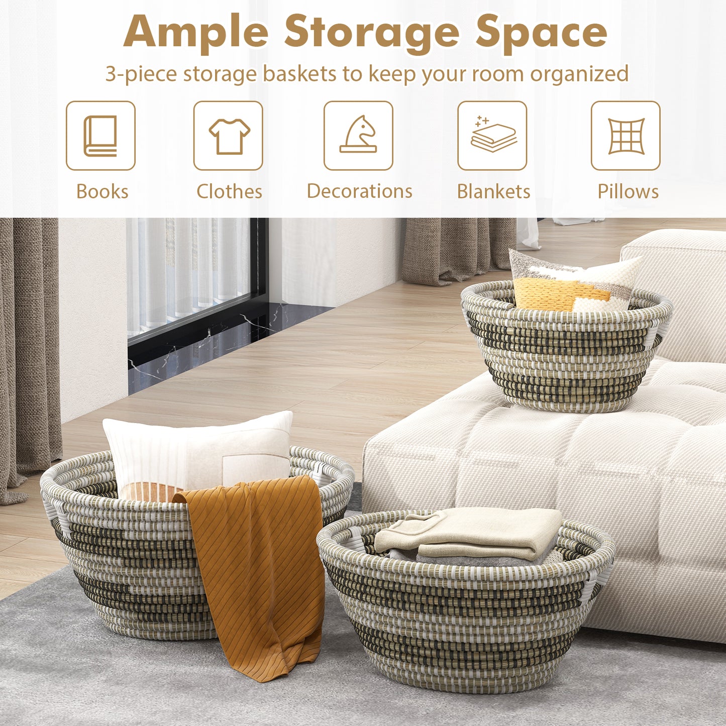 Natural Canes Grass Baskets, Stackable Storage Bins, Set Of 3, Hollowed Handles Laundry Baskets at Gallery Canada
