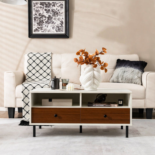 2 Tier 40 Inch Length Modern Rectangle Coffee Table with Storage Shelf and Drawers, White Coffee Tables White at Gallery Canada