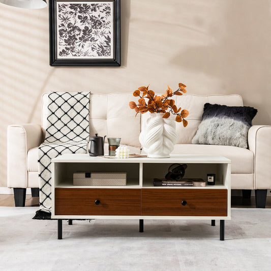 40 Inch 2 Tier Modern Rectangle Coffee Table, Storage Shelf Drawers, White Coffee Tables White at Gallery Canada