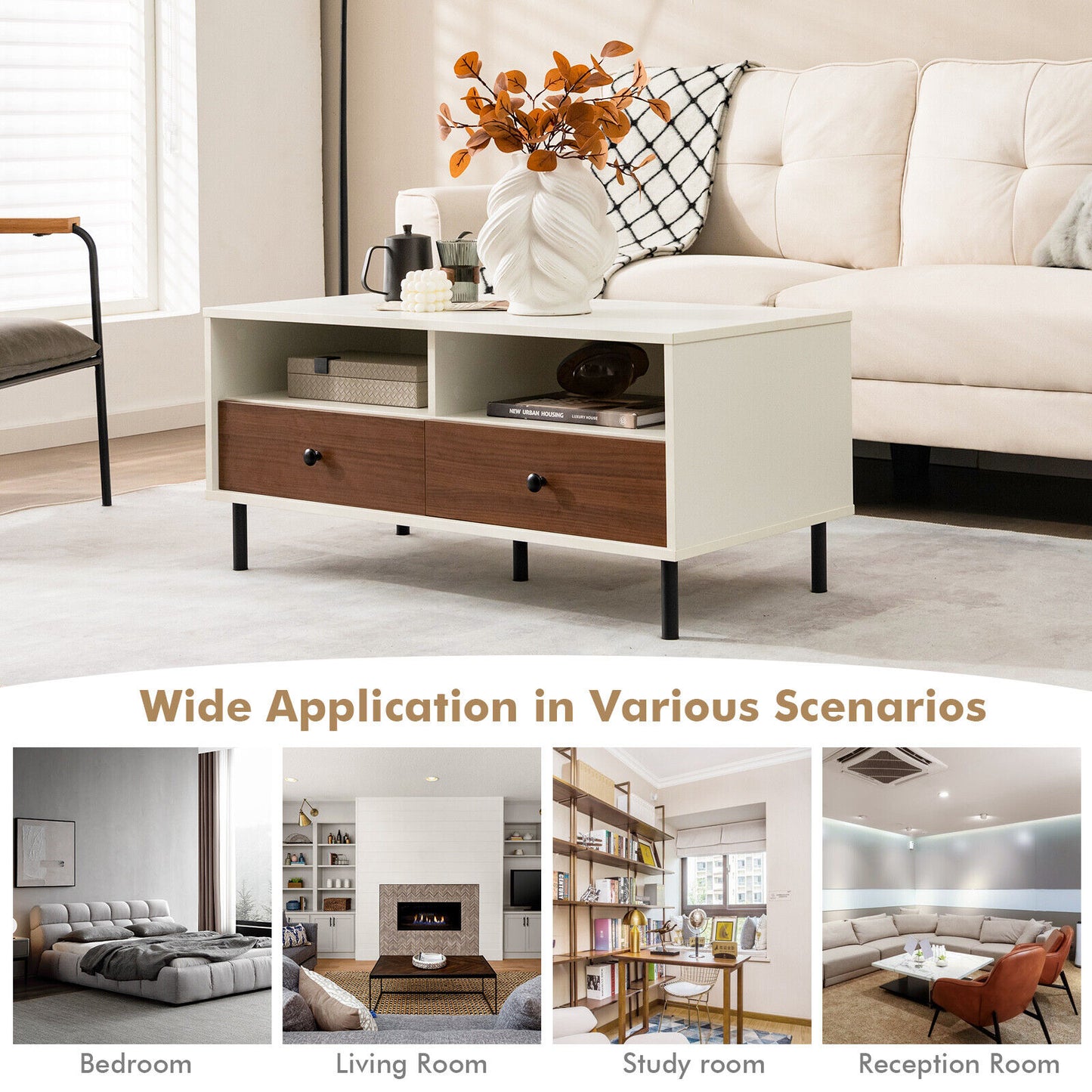 40 Inch 2 Tier Modern Rectangle Coffee Table, Storage Shelf Drawers, White Coffee Tables at Gallery Canada