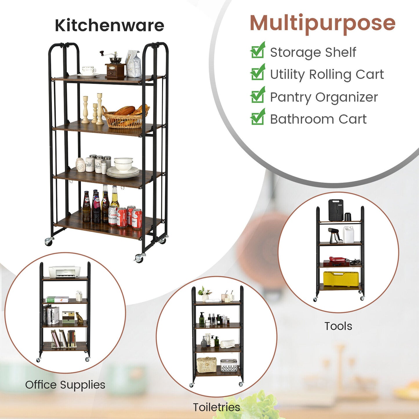 Foldable Rolling Cart with Storage Shelves for Kitchen-4-Tier Kitchen Islands & Carts at Gallery Canada