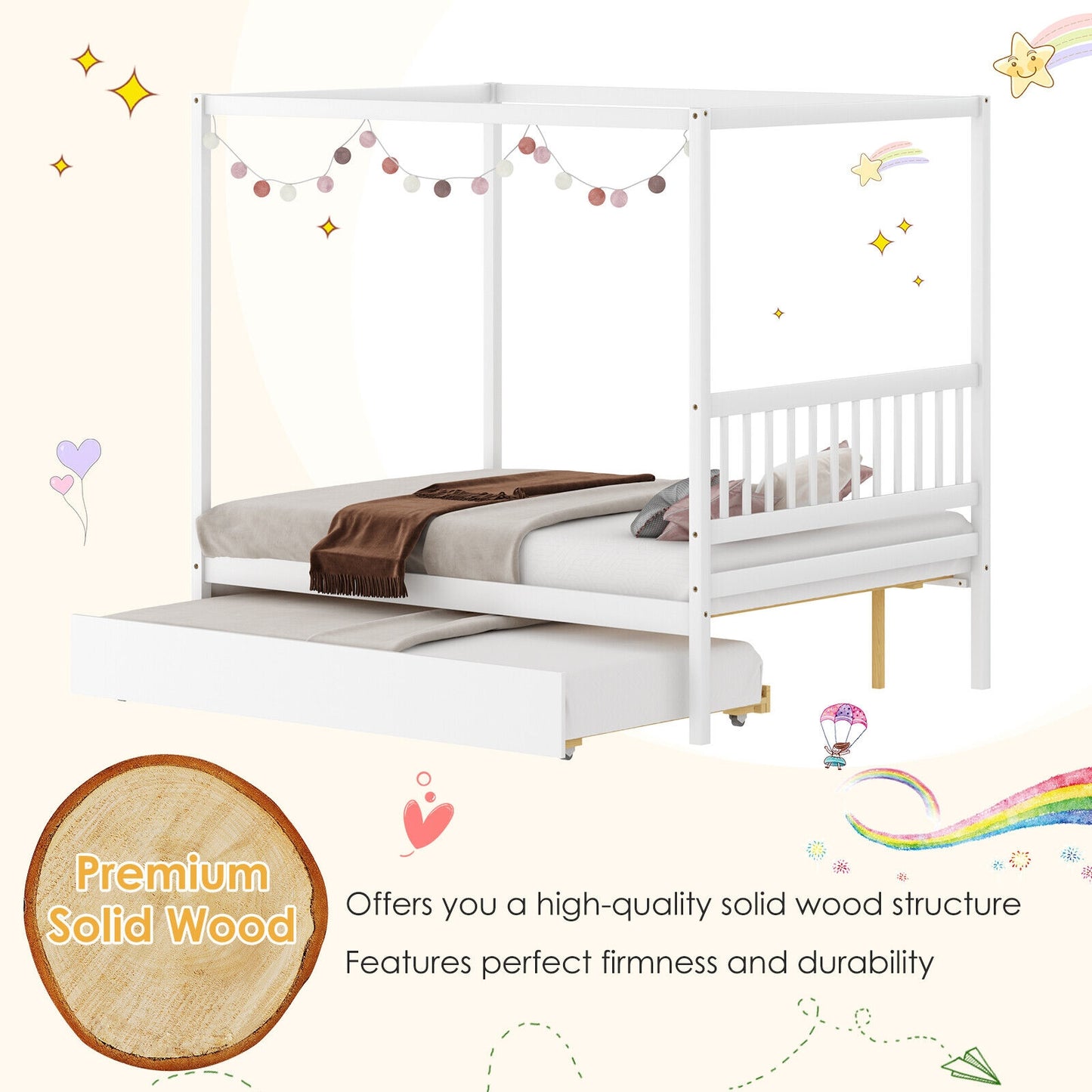 Full Size Canopy Bed With Trundle, Wooden Platform Frame, White Trundle Bed Frame at Gallery Canada