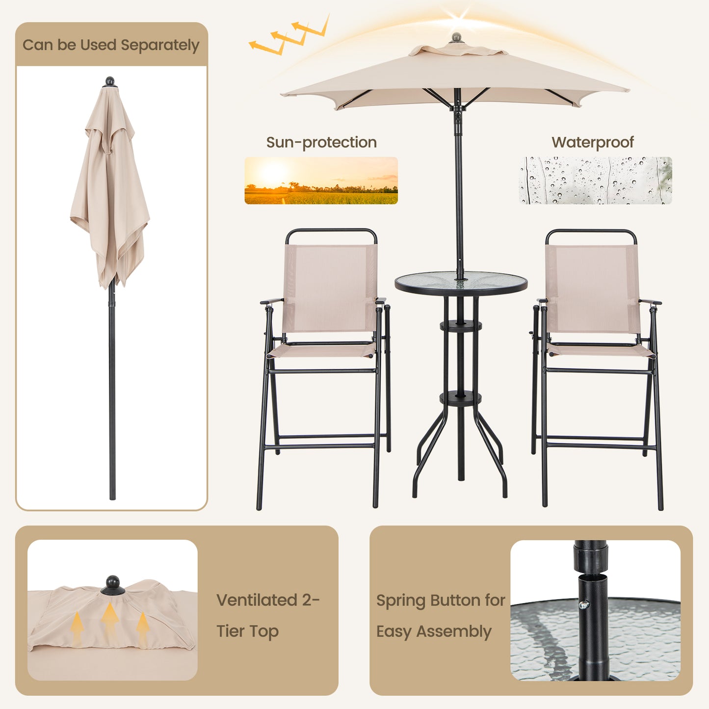4 Piece Outdoor Bar Set With Umbrella, Beige