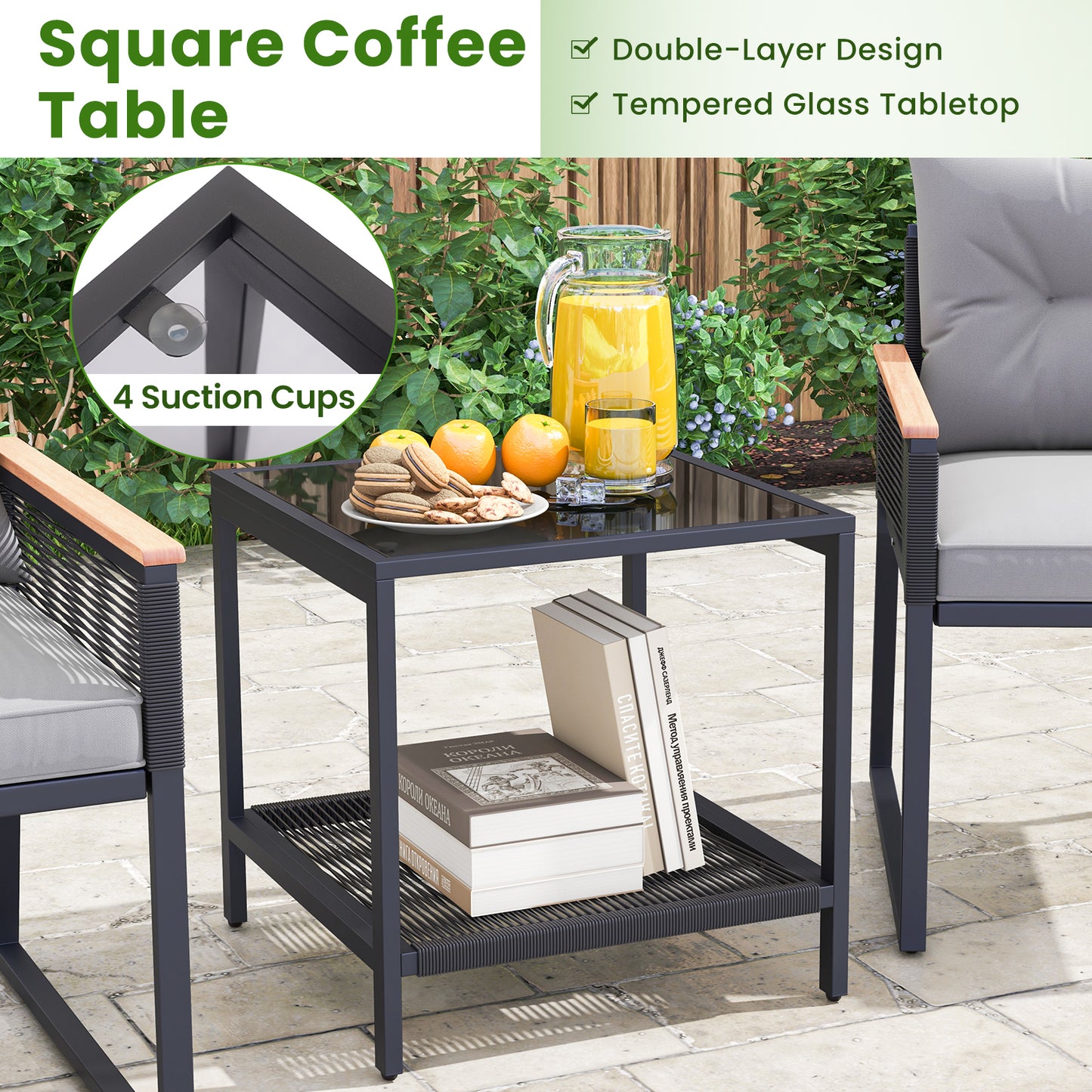 Ensemble de conversation en rotin d'extérieur 5 pièces, avec table d'appoint et poufs, gris
