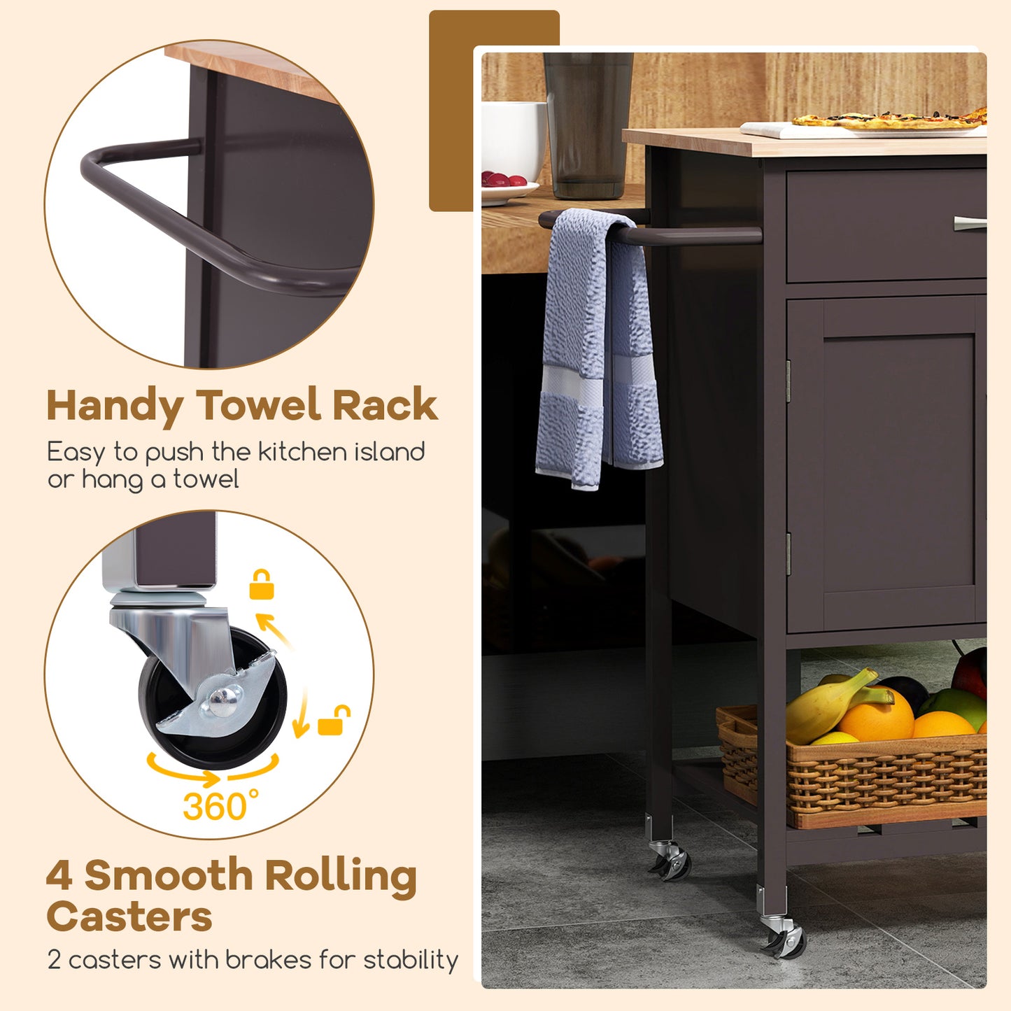 Rolling Kitchen Island Cart with Drawer and Towel Rack, Brown Kitchen Islands & Carts at Gallery Canada