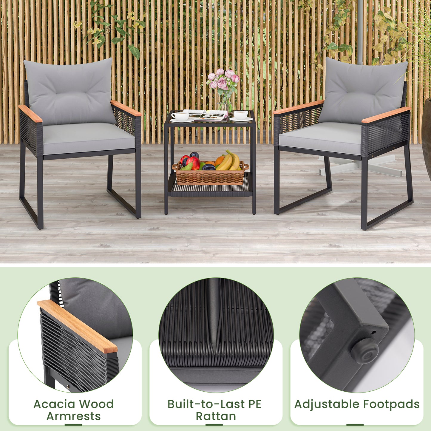 3 Piece Patio Furniture Set, 2 Tier Coffee Table, Cushions, Gray Patio Conversation Sets at Gallery Canada