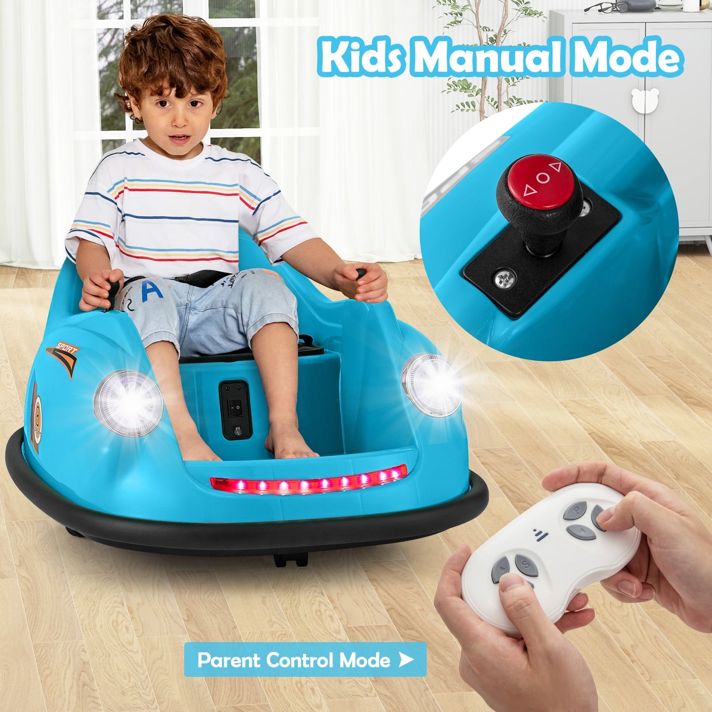 Voiture tamponneuse électrique pour enfants 12V, alimentée par batterie avec télécommande, bleue