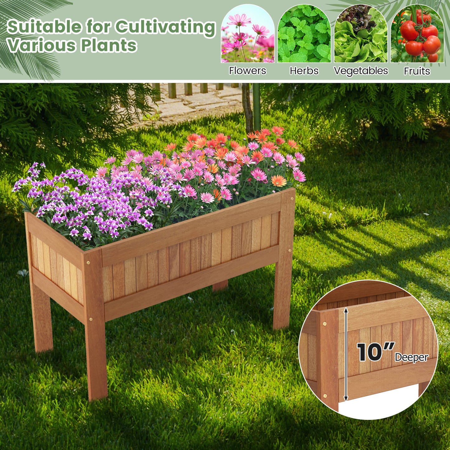 Lit de Jardin Surélevé en Bois, Bac à Plantes Surélevé avec Pieds, Naturel