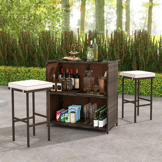 3 Pcs Patio Bar Set, Tempered Glass Tabletop, Brown