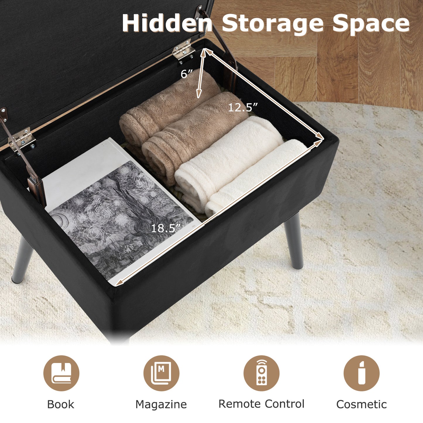 Velvet Storage Ottoman, Solid Wood Legs, Black Ottomans at Gallery Canada