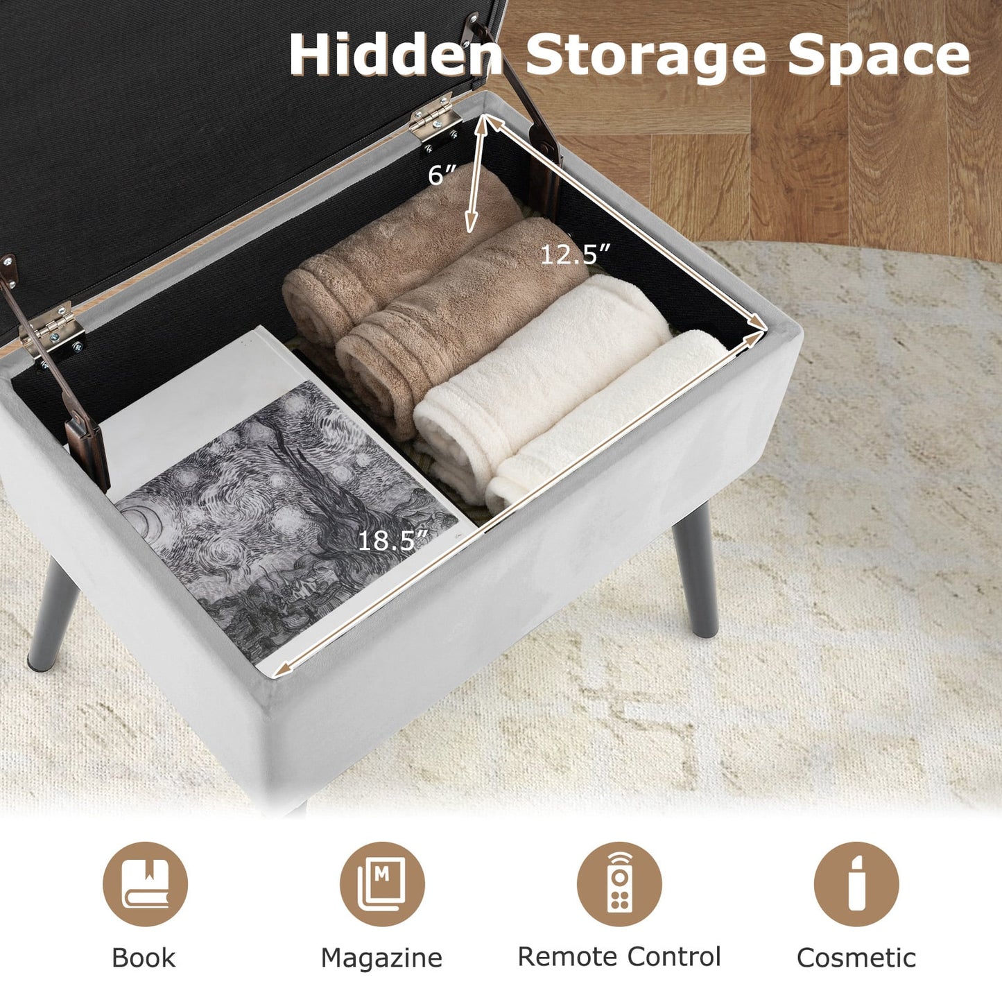 Ottoman de rangement en velours avec pieds en bois massif, gris