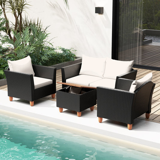 4 Piece Outdoor Conversation Set, With Storage Coffee Table, White Patio Conversation Sets White at Gallery Canada