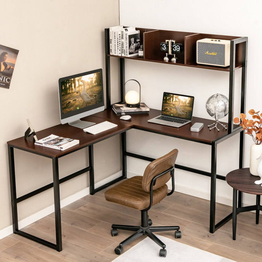 Reversible L-Shaped Corner Desk With Storage Bookshelf, Dark Brown L-Shaped Desks Dark Brown at Gallery Canada