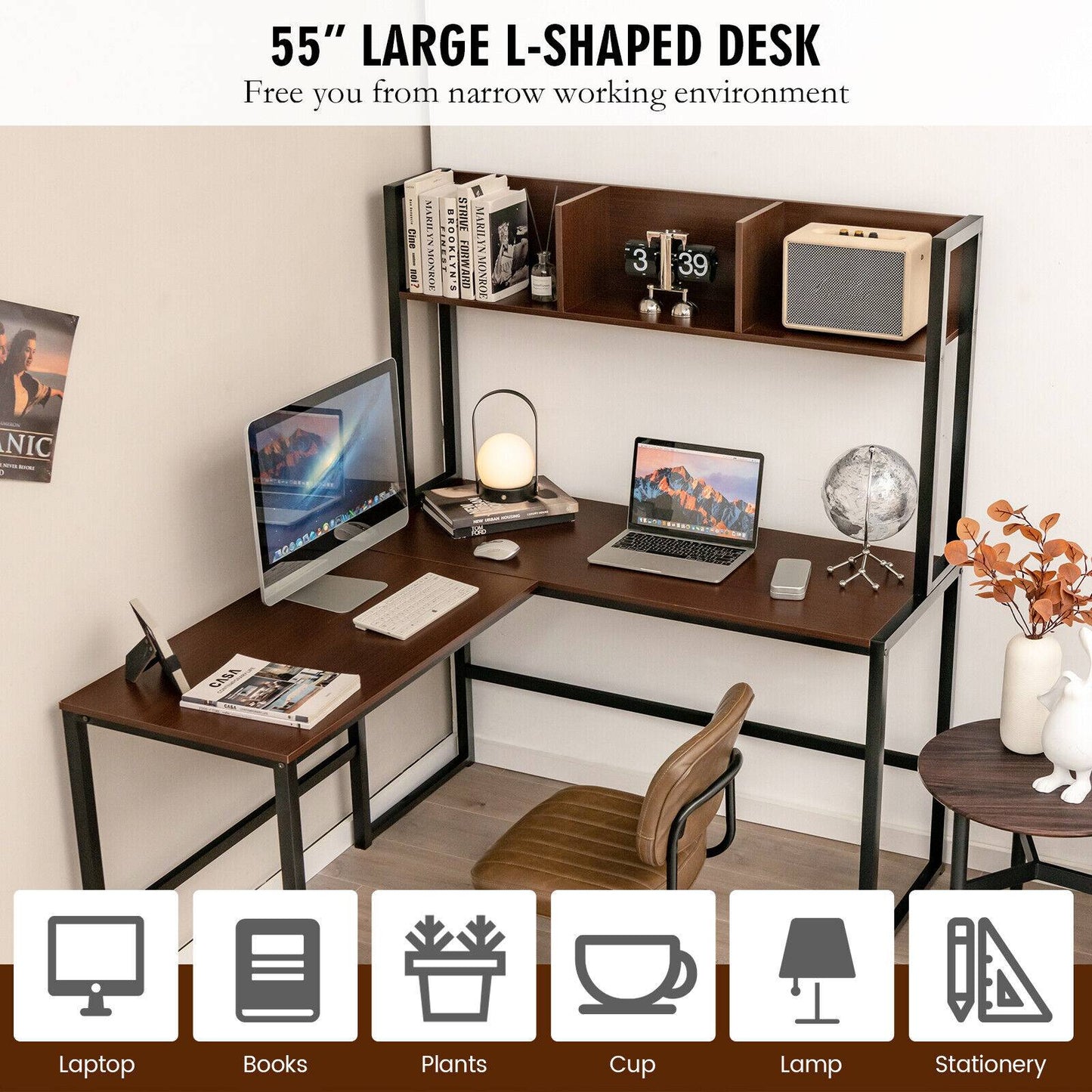 Reversible L-Shaped Corner Desk With Storage Bookshelf, Dark Brown L-Shaped Desks at Gallery Canada