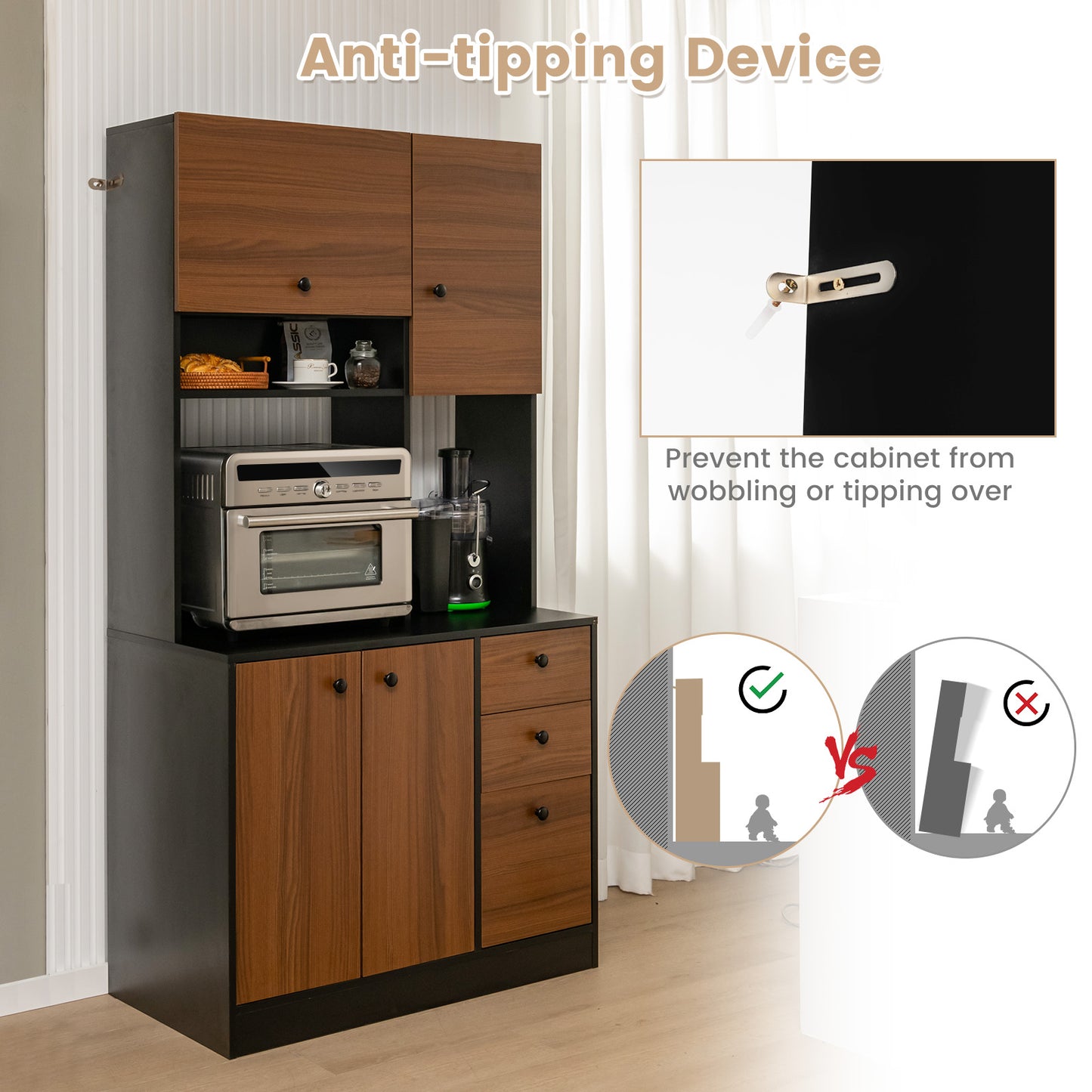 71 Inch Kitchen Pantry, 3 Cabinet 3 Drawer Storage, Black