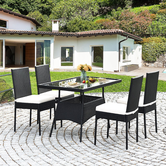 5 Piece Patio Rattan Dining Set, Glass Top, Cushions, Black