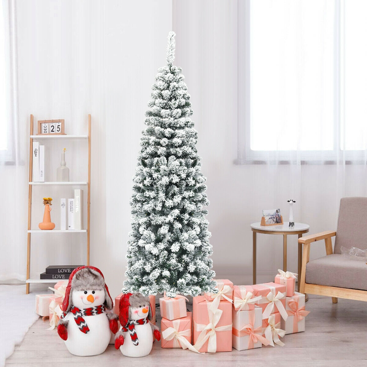 6 Feet Unlit Hinged Snow Flocked Artificial Pencil Christmas Tree, Green Christmas Tree at Gallery Canada