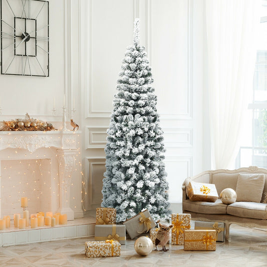 6 Feet Unlit Hinged Snow Flocked Artificial Pencil Christmas Tree, Green Christmas Tree Green at Gallery Canada