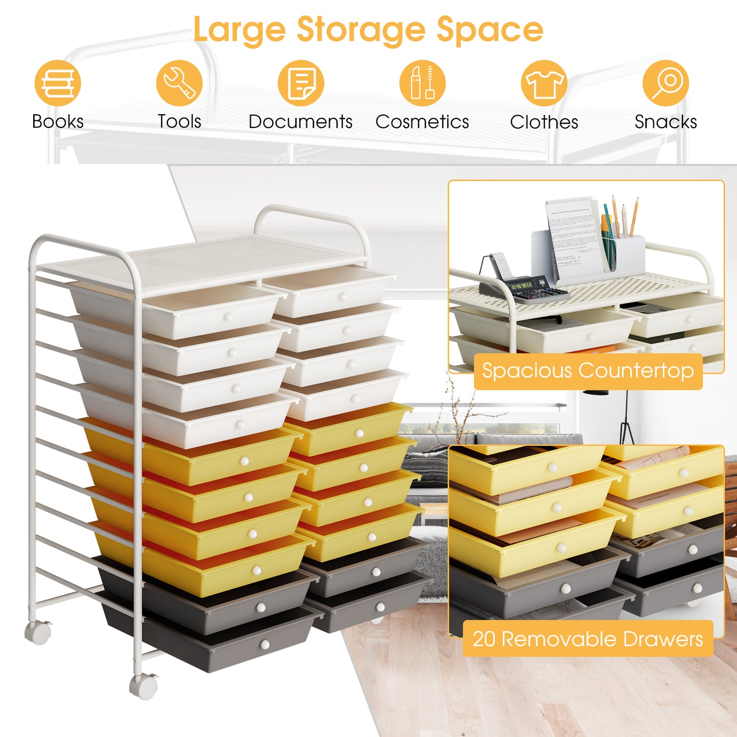 20 Drawers Rolling Cart Studio Organizer, Yellow File Cabinets at Gallery Canada