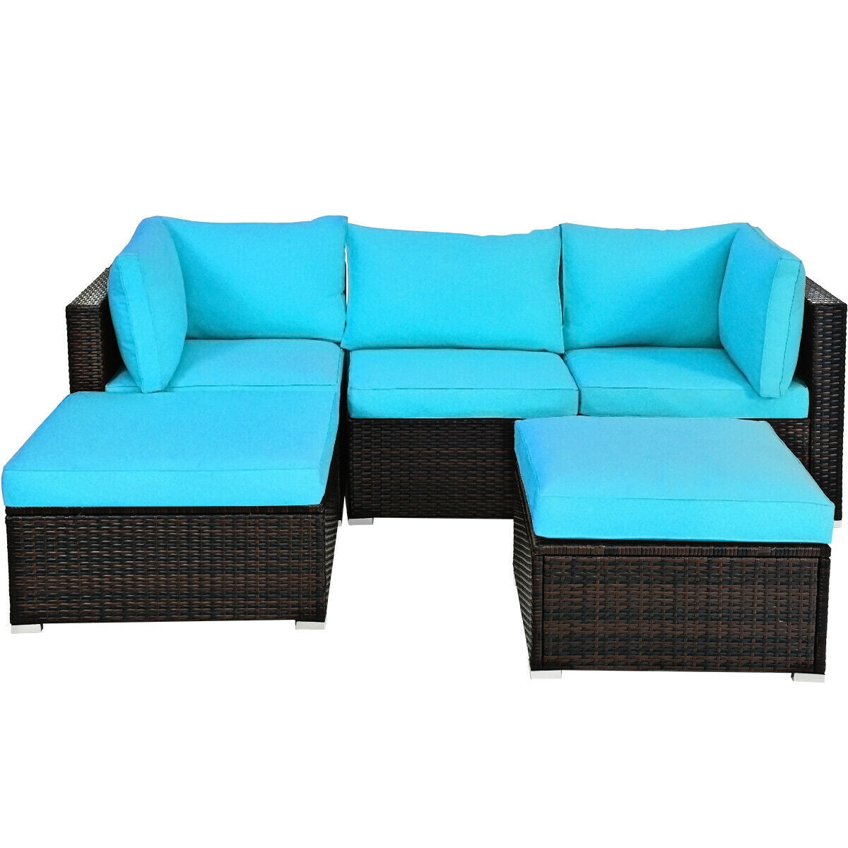 5 Piece Patio Rattan Sectional Ottoman Set, Blue