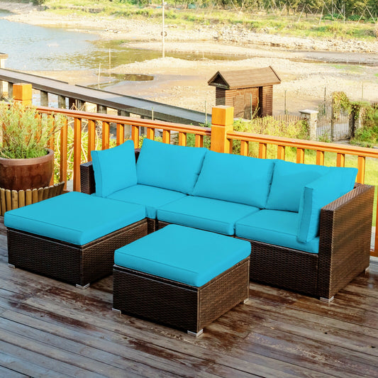 5 Piece Patio Rattan Sectional Ottoman Set, Blue
