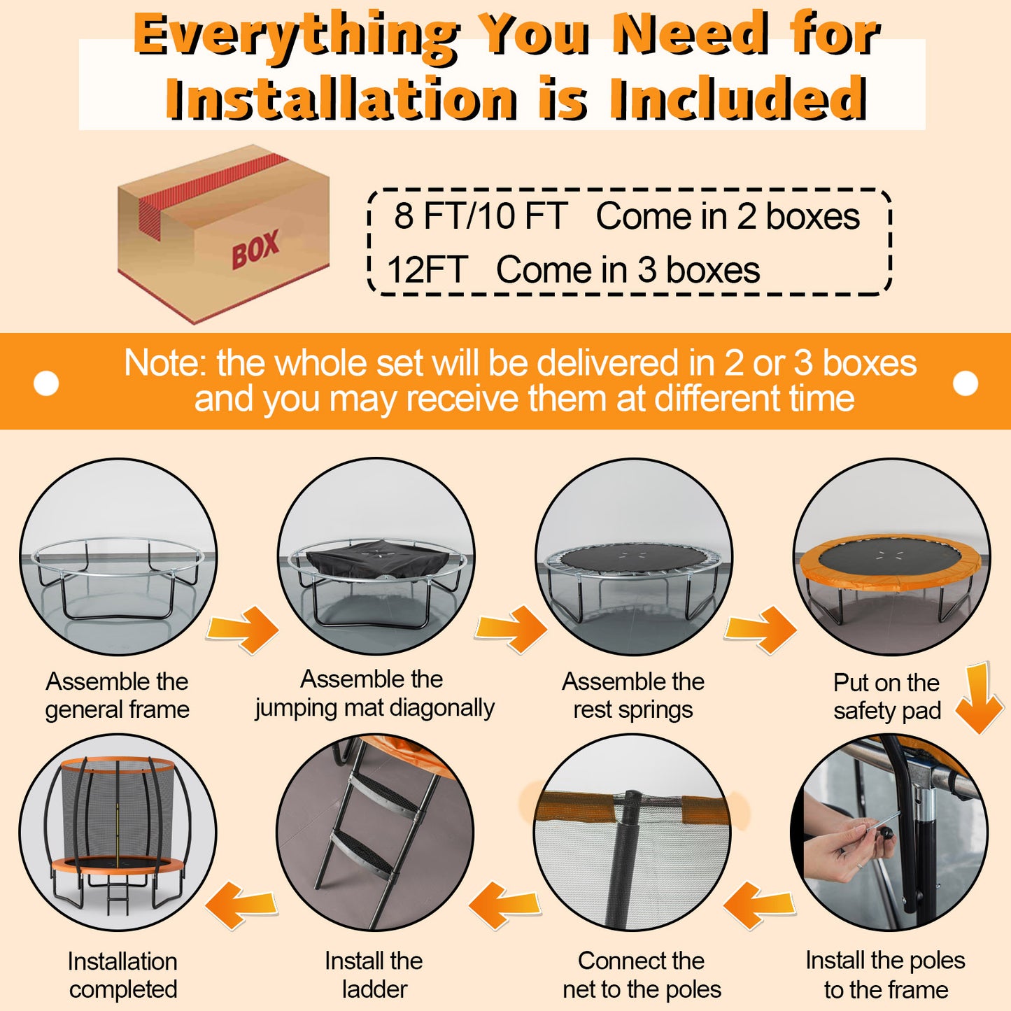 10 Feet ASTM Approved Recreational Trampoline with Ladder, Orange Trampolines at Gallery Canada