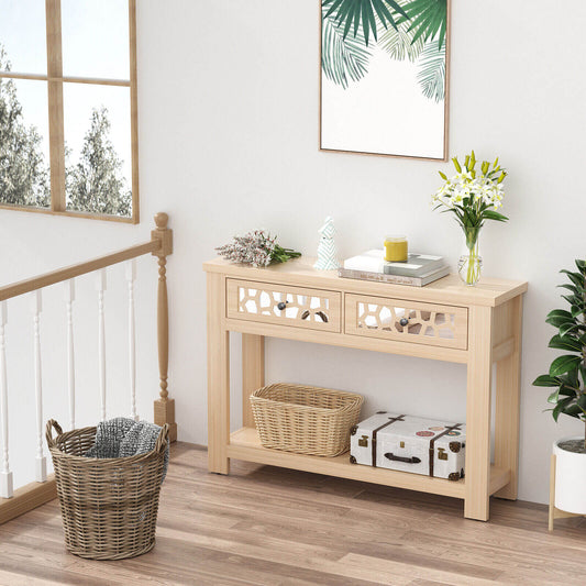 2-Tier Console Table with Drawers and Open Storage Shelf, Natural