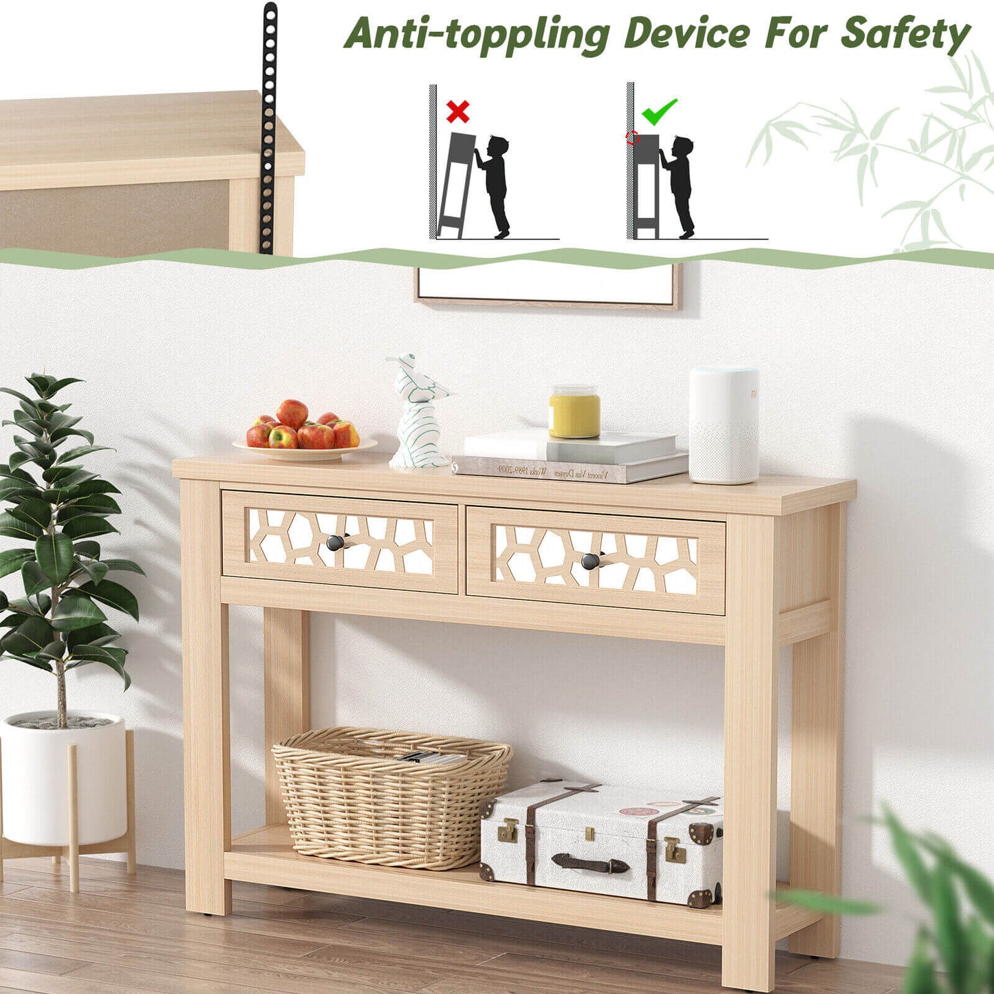 2-Tier Console Table with Drawers and Open Storage Shelf, Natural Console Tables at Gallery Canada