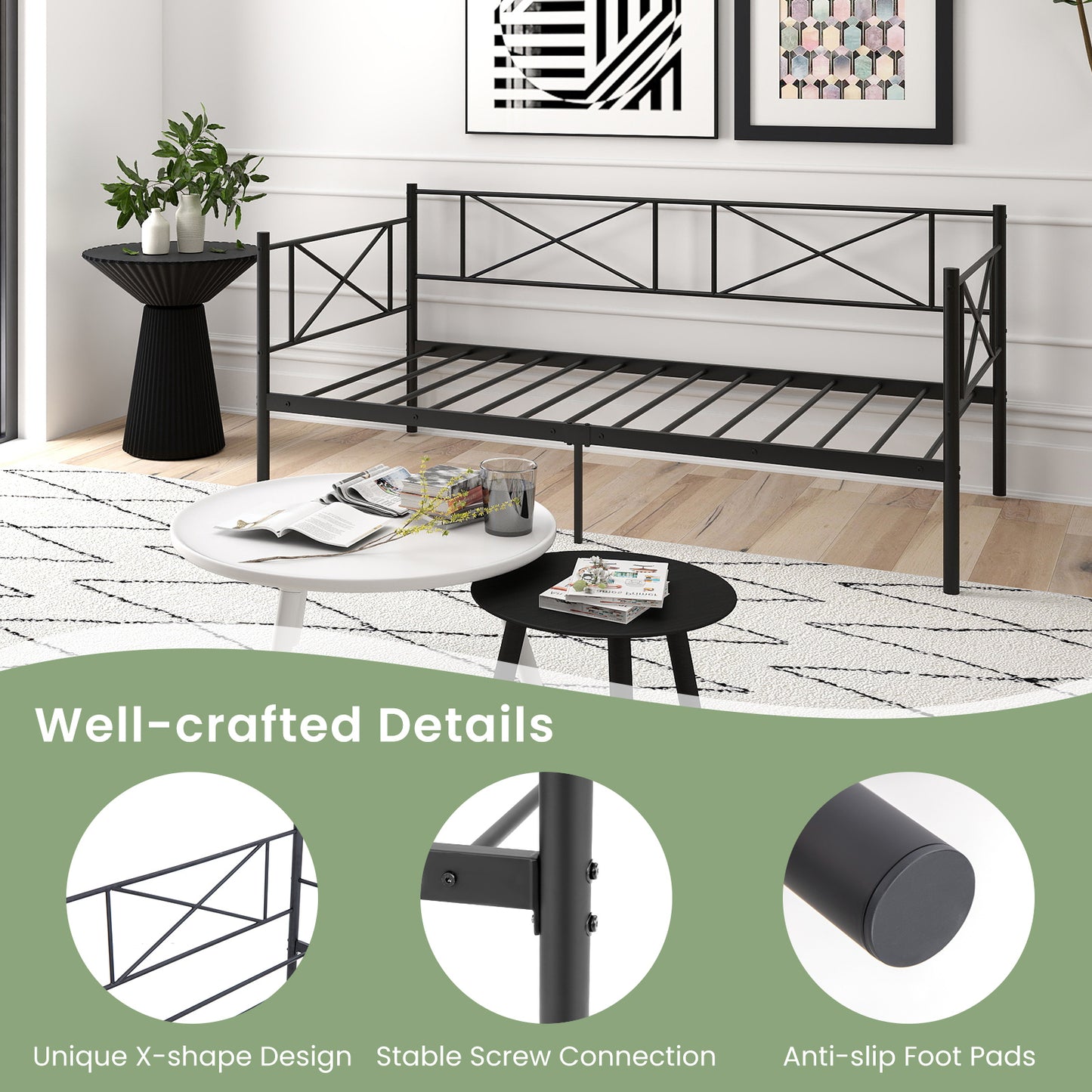 Twin Size Platform Bed, Heavy-Duty Metal Slat Support, Black Simple Bed Frame at Gallery Canada