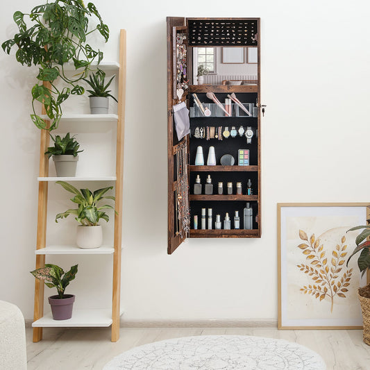 Armoire à Bijoux avec Miroir Pleine Longueur, 2 Lumières LED, Brun Rustique