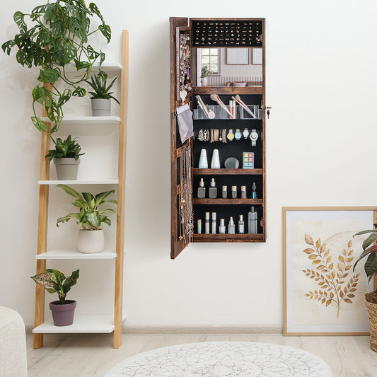 Mirrored Jewelry Armoire, Full Length Mirror, 2 LED Lights, Rustic Brown Jewelry Armoires Rustic Brown at Gallery Canada