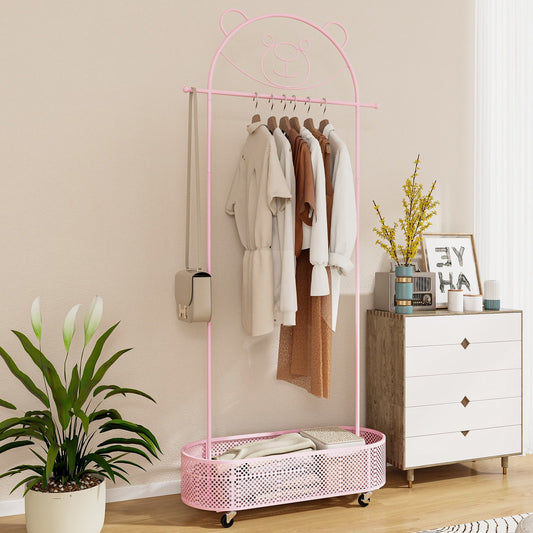 Kid Clothes Rack, 3 Adjustable Heights, Wheels, Pink Kids Storage Pink at Gallery Canada