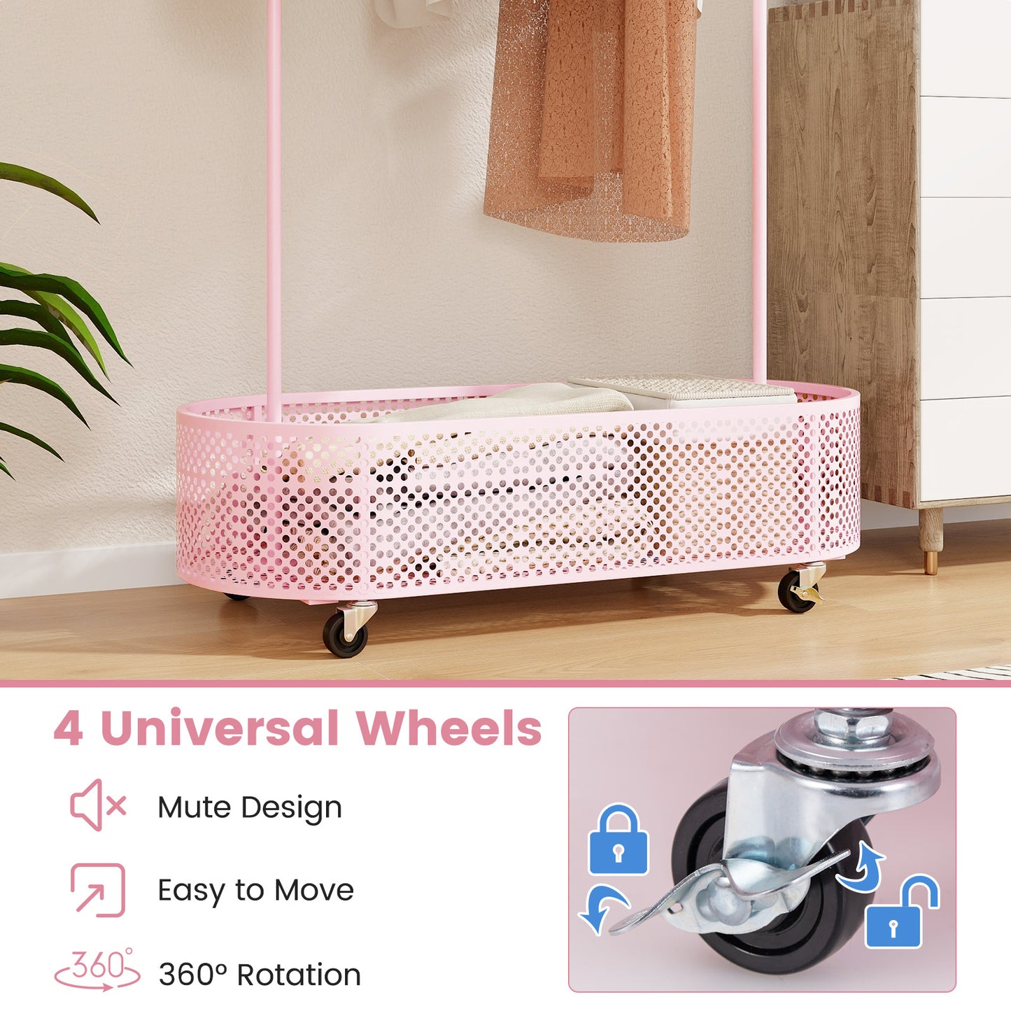 Portant à Vêtements pour Enfants, 3 Hauteurs Réglables, Roulettes, Rose