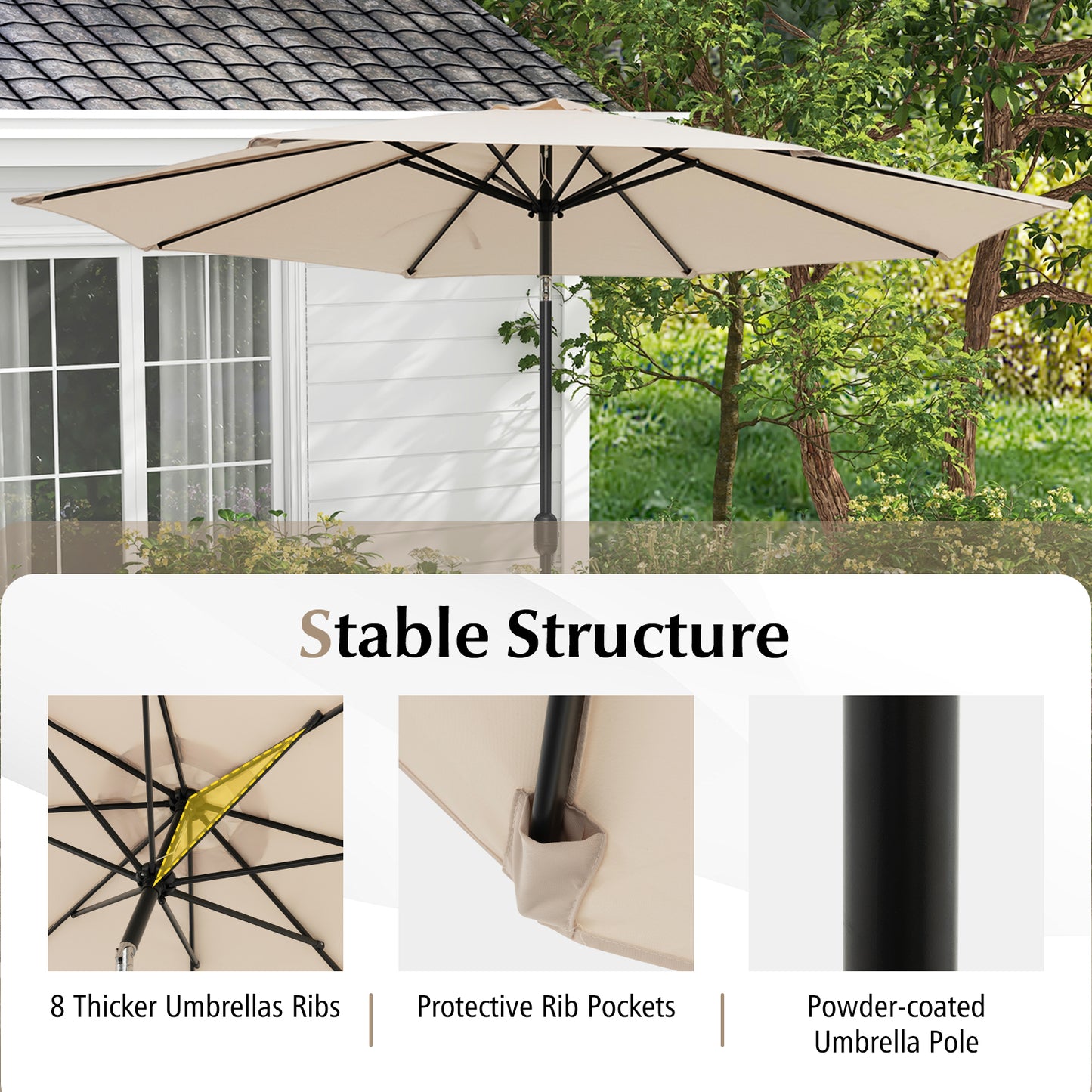 10 Feet Outdoor Patio Umbrella, Tilt Adjustment, Crank, Beige