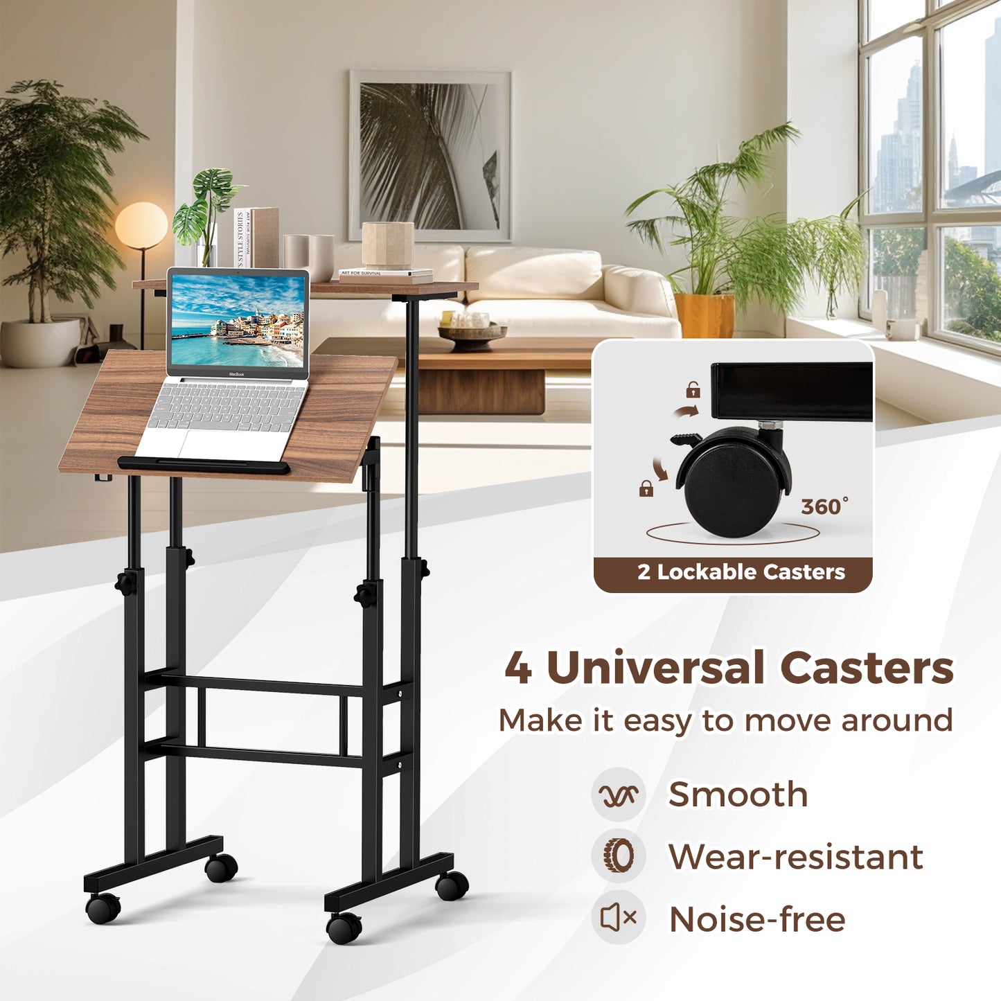 Height-Adjustable Mobile Standing Desk, Split Top, Walnut Laptop Tables & Printer Stands at Gallery Canada