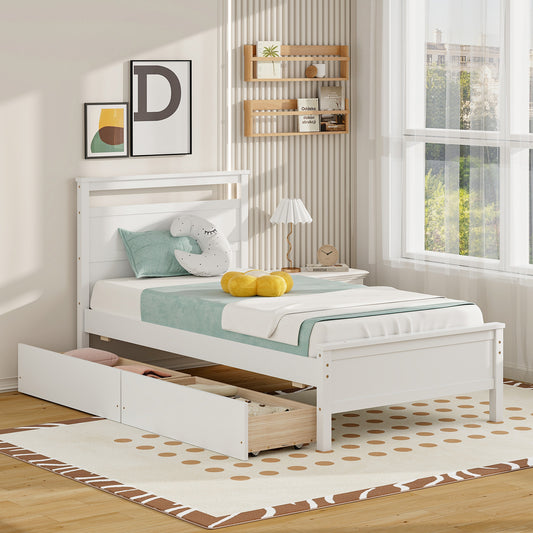Twin Size Wooden Bed Frame with 2 Drawers for Teens and Adults, White Simple Bed Frame White at Gallery Canada