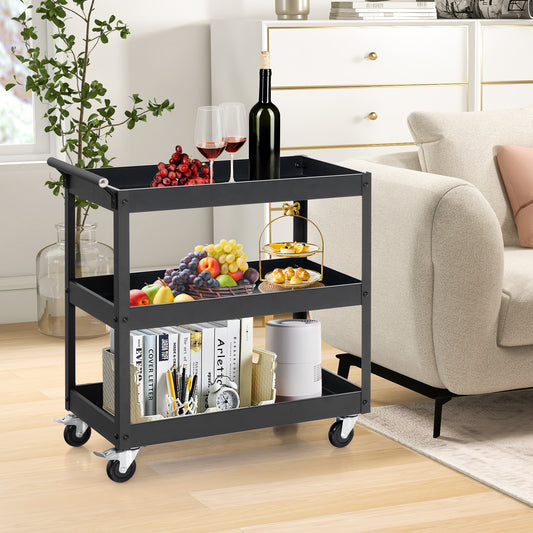 3-Tier Utility Cart, Rolling Metal Cart, Black