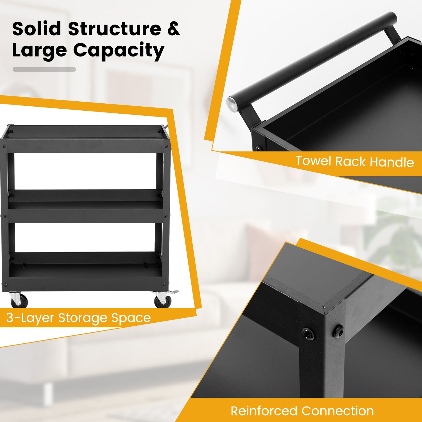 3-Tier Utility Cart, Rolling Metal Cart, Black Kitchen Islands & Carts at Gallery Canada
