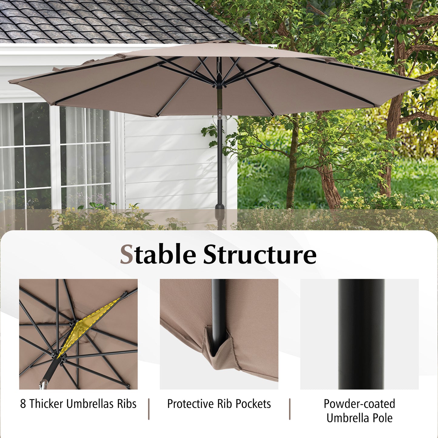 10 Feet Outdoor Patio Umbrella, Tilt Adjustment, Crank, Tan