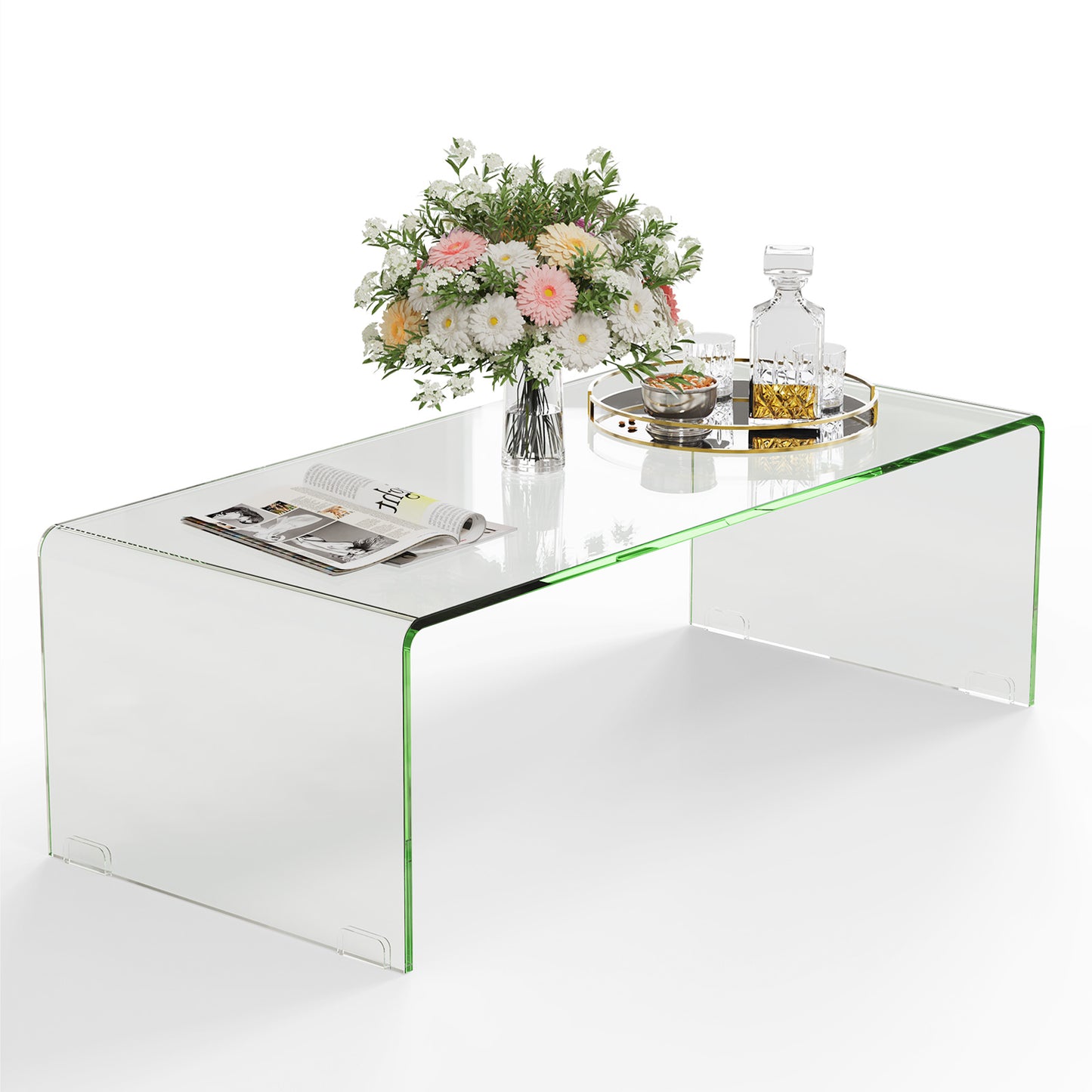 42 x 19.7 Inch Clear Tempered Glass Coffee Table, Rounded Edges, Transparent