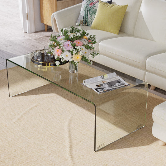 42 x 19.7 Inch Clear Tempered Glass Coffee Table with Rounded Edges, Transparent