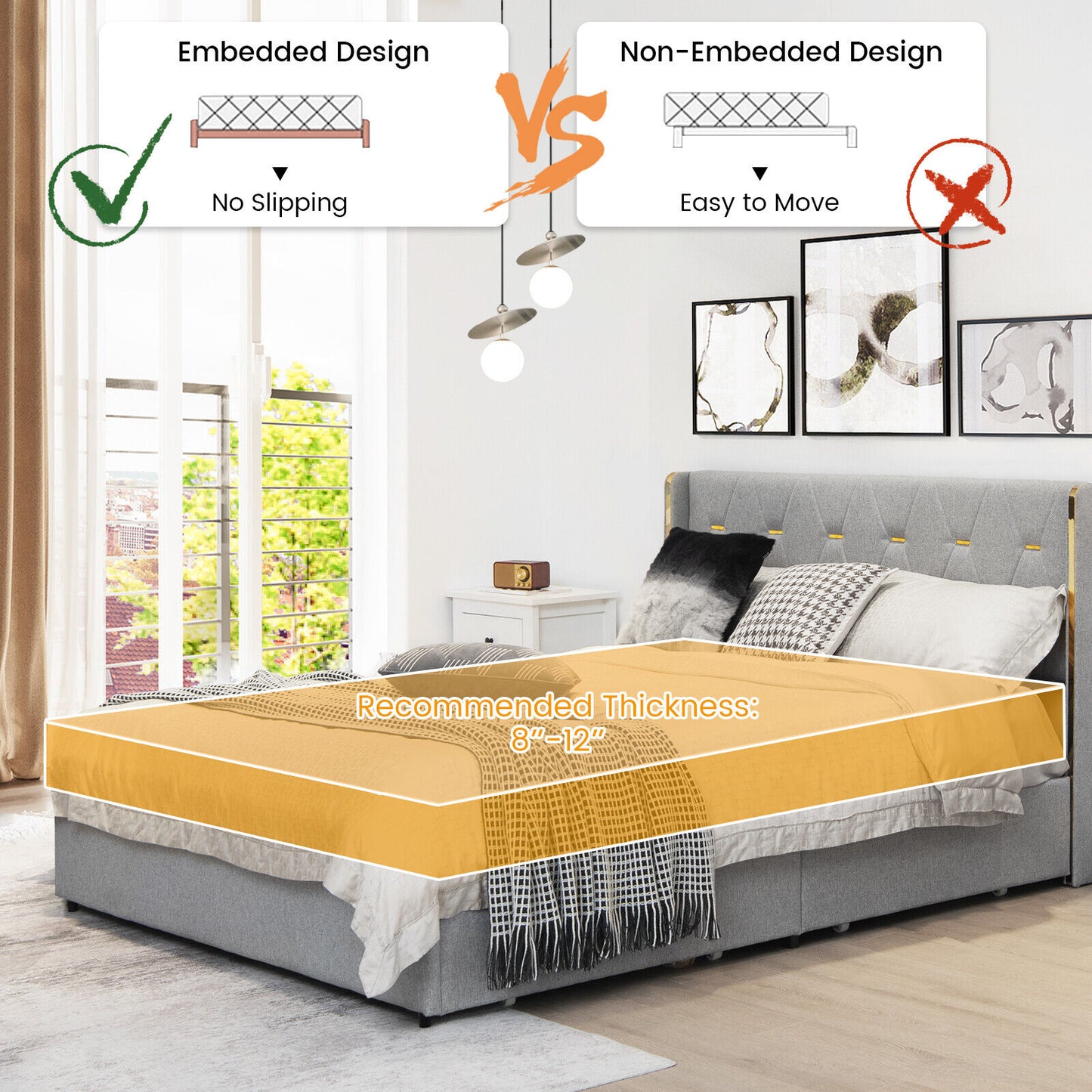 Full/Queen Size Upholstered Bed Frame with 4 Drawers-Silver-Full Size, Silver Simple Bed Frame at Gallery Canada