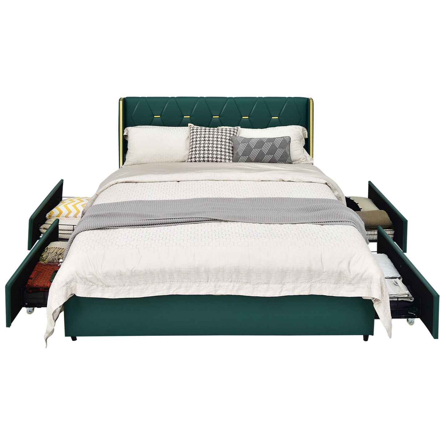 Full Queen Size Upholstered Bed Frame, 4 Drawers, Green Simple Bed Frame at Gallery Canada