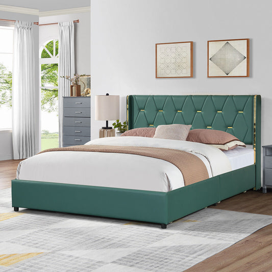 Full Queen Size Upholstered Bed Frame, 4 Drawers, Green Simple Bed Frame Green at Gallery Canada