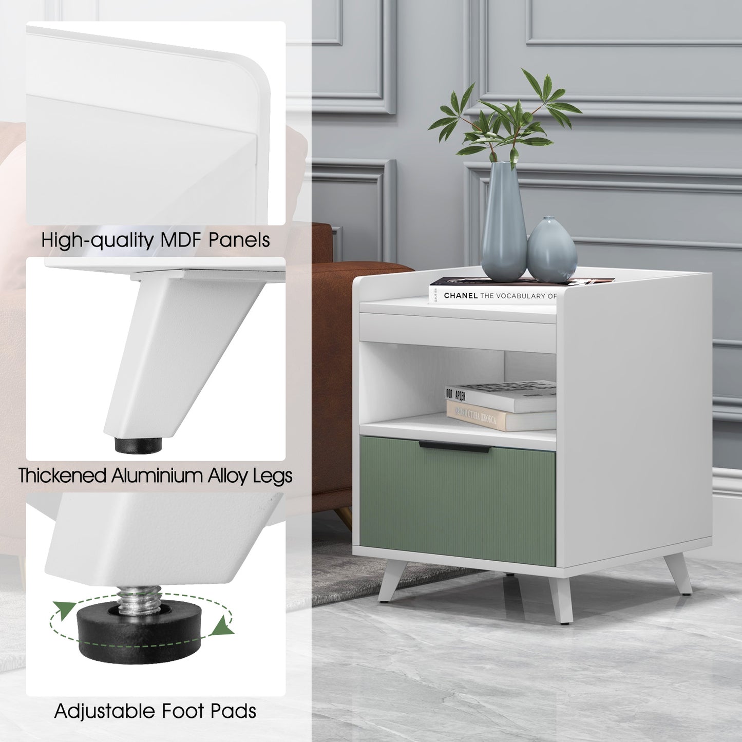 Modern Nightstand with LED Lights Sliding Drawer and Open Compartment, White Nightstands at Gallery Canada